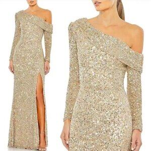 NWT MAC DUGGAL 5449 SEQUINED ONE SHOULDER‎ EVENING SHIMMERING GOLD GOWN